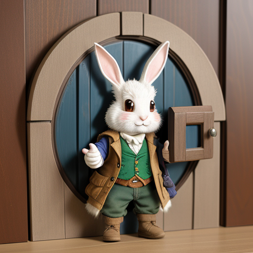 Rabbit stands guard at the door.